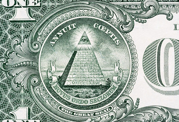 Pyramid macro close-up on a banknote of 1 US dollars. Detail of one dollar bill. Big large size.