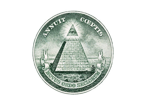 Pyramid macro close-up on a banknote of 1 US dollars isolated on a white background. Detail of one dollar bill. Big large size.