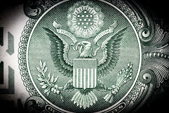 Eagle macro close-up on a US 1 dollar banknote. Detail of one dollar bill