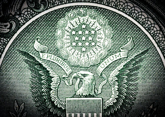 Eagle macro close-up on a US 1 dollar banknote. Detail of one dollar bill