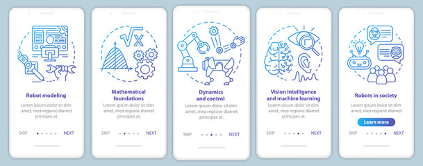 Fototapeta na wymiar Robotics courses onboarding mobile app page screen vector template. Study robot engineering. Walkthrough website steps with linear illustrations. UX, UI, GUI smartphone interface concept