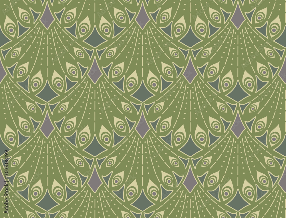 Wall mural Art nouveau seamless pattern in green colors. Vintage elegant background