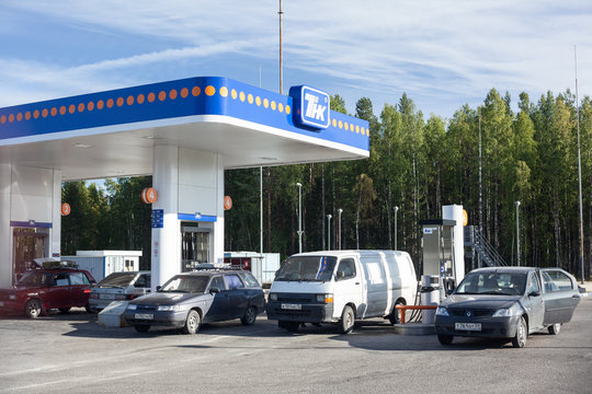 Filling station is in Karelian woods sells fuel and engine lubricants for motor vehicles. Kola highway, Russia