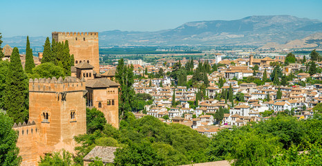 Panoramic sight with the Alhambra Palace and the Albaicin district in Granada. Andalusia, Spain.