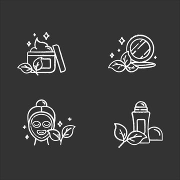 Organic cosmetics chalk icons set. Face cream. Pressed makeup powder. Facial mask. Deodorant, antiperspirant. Eco paraben free beauty products. Skincare. Isolated vector chalkboard illustrations