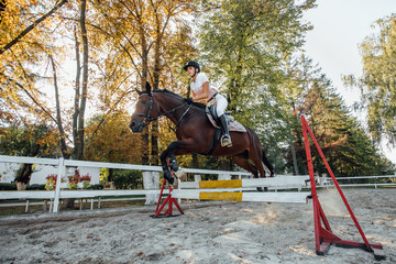 Young female jockey on horse leaping over hurdle, preparing for competition.