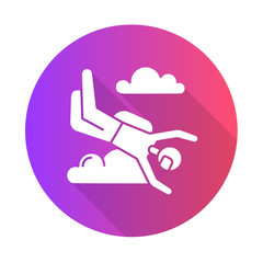 Skydiving purple flat design long shadow glyph icon. Sky diving. Freefall tricks. Skydiver jumping with parachute. Air extreme sport flight stunt. Parachutist in sky. Vector silhouette illustration