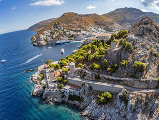 Aerial view of Hydra town in Hydra Island