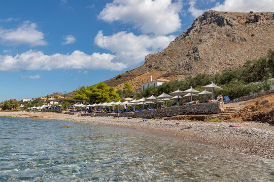 Mountain and Vlychos Plakes Beach in Hydra Island