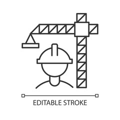 Construction industry linear icon. Building sector. Crane builder in helmet. Real estate development. Thin line illustration. Contour symbol. Vector isolated outline drawing. Editable stroke