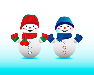 Multicolored cartoon snowmen. White, isolated background. Vector illustration.