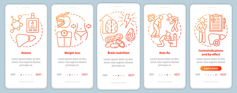 Keto diets red onboarding mobile app page screen vector template. Ketogenic eating and healthy nutrition. Walkthrough website steps with linear illustrations. UX, UI, GUI smartphone interface concept