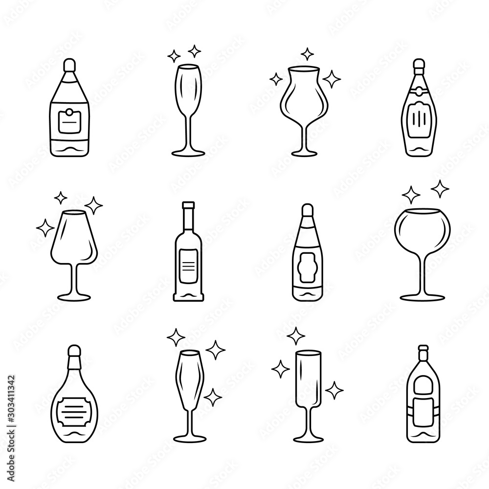 Canvas Prints Alcohol drink glassware linear icons set. Wine bottles. Crystal glasses shapes. Drinks and beverages types. Thin line contour symbols. Isolated vector outline illustrations. Editable stroke