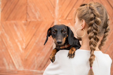 Young woman with plaited hair holding her pet dachshund in her arms outdoors