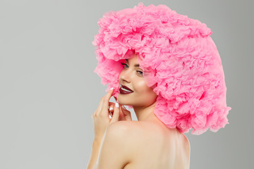 Woman Big Hat and Lips. Model wearing Fabric with lace ruffles hat. High Fashion Model fabric crown...