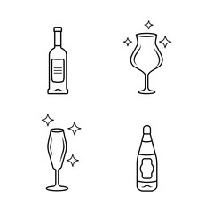 Alcohol drink glassware linear icons set. Wine service. Crystal glasses shapes. Red wine bottles with labels. Thin line illustration. Contour symbol. Vector isolated outline drawing. Editable stroke