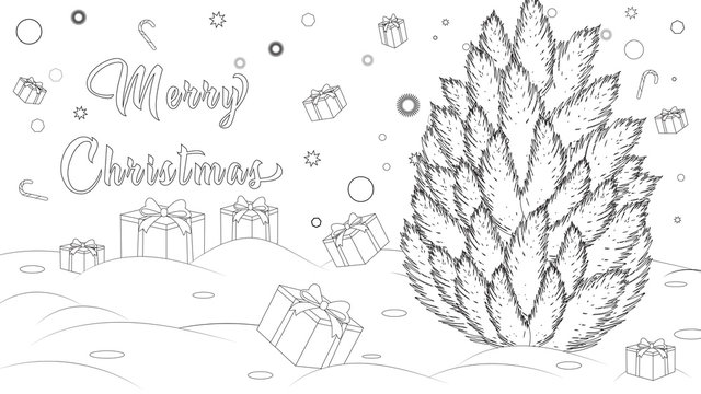 Merry Christmas Coloring book with Christmas tree, toys and christmas elements