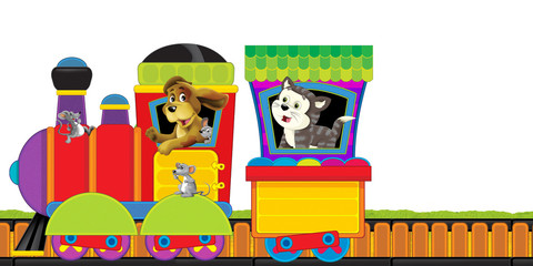 cartoon steam train on tracks with farm animals on white background space for text - illustration for children