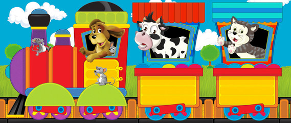 Cartoon funny looking steam train going through the meadow with farm animals - illustration for children