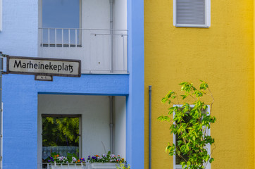 Berlin, Germany - 16 05 2012: Marheineke place. Blue and yellow facade