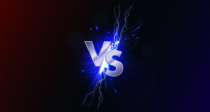 Versus banner with blue sparkling lightning. VS collision of metal letters with sparks and lightning in a red-blue background. Confrontation concept, competition vs match game. Versus battle. Vector