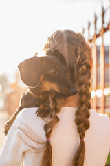 teenager girl holding her dachshund dog in her arms outdoors in sunset