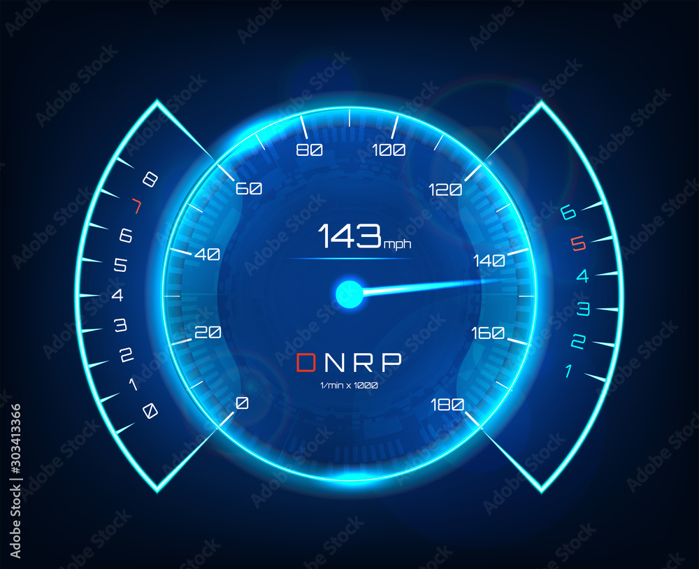 Poster Speedometer speed car, auto dashboard design in futuristic style. Neon speedometer. Tachometer, Template Automotive Dashboard. Vector illustration