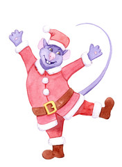 watercolor illustration - purple santa claus mouse dancing