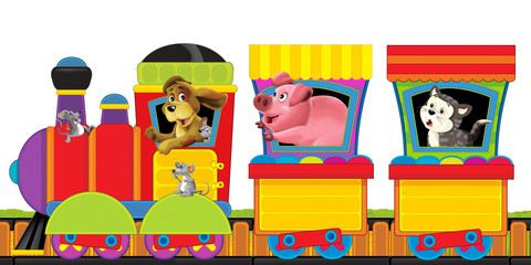 cartoon steam train on tracks with farm animals on white background space for text - illustration for children