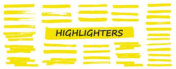 Highlighter collection, brush lines, isolated in white background. Marker yellow set, brush pen hand drawn underline. Vector highlighter graphic stylish element. Watercolor hand drawn highlight set.