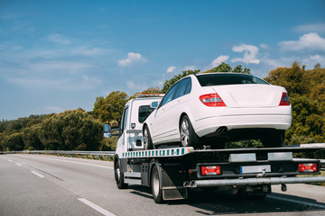 Car Service Transportation Concept. Tow Truck Transporting Car Or Help On Road Transports Wrecker...