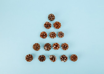 Dry pine cones in shape of christmas tree on blue background