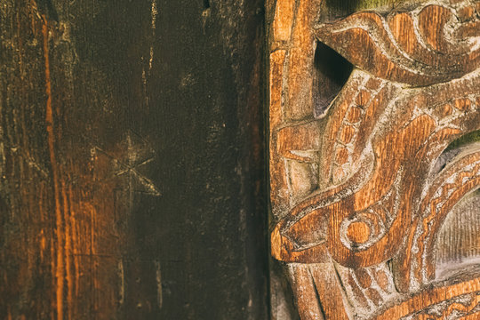 Borgund, Norway. Carved Details Of Famous Wooden Norwegian Landmark Stavkirke. Ancient Old Wooden Triple Nave Stave Church. Close View, Details