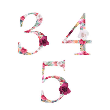 3, 4, 5 floral numerals with roses isolated on white background