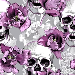 Fototapete Menschlicher Schädel in Blumen Nahtloses Blumenmuster. Violette Tulpenblumen und -schädel auf einem einfarbigen grauen Hintergrund. Vektor-Illustration.