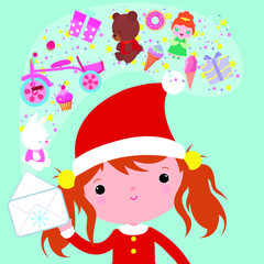 Elf boy holds a letter for Santa Claus with gifts. Santa's helper. Greeting card for Christmas and New Year.