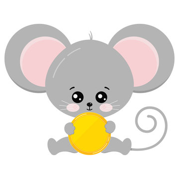 Cute mouse sit with golden coin in paws vector illustration.