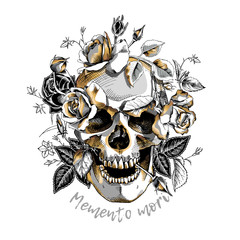 Metallic Skull with a gold Roses flowers on a white background. Vector illustration.
