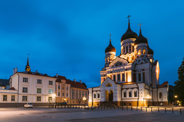 Fototapeta na wymiar Tallinn, Estonia. Building Of Alexander Nevsky Cathedral n Night Time. Famous Orthodox Cathedral