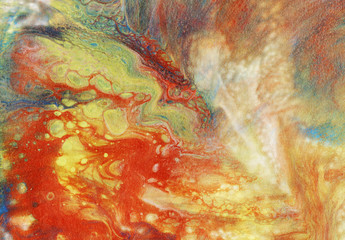 Acrylic paint illustration: spectacular stains of blue, green, yellow and red. Beautiful abstract image.