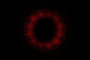 Red powder fractal light explosion on black background. Infinite space motion background. 3d render