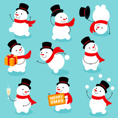 Flat design ready for animation collection of funny christmas snowman poses an actions. Vector set of funny cartoon characters, poses and emotions. Vector icons for web and mobile app.