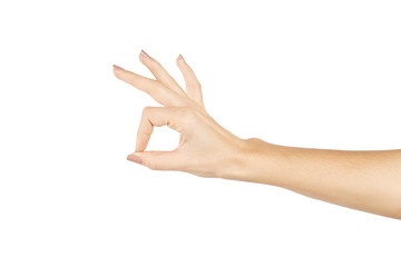 caucasian female person gesturing okay symbol isolated on a white background. positive gesture concept.