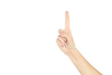 a female person show index finger isolated on a white background. number one or first symbol. idea concept.