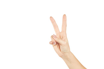 a female person showing two fingers isolated on a white background. copy space. victory and peace gesture concept.
