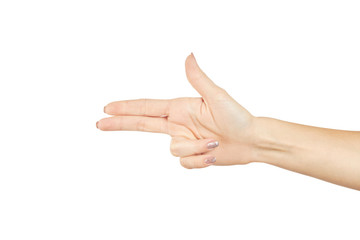 a female person showing gun or pistol gesture isolated on a white background. number three gesture.