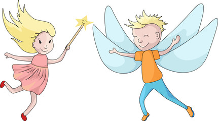 image of a boy with wings and a girl who can fly with a magic wand