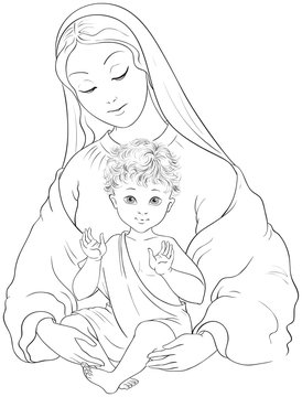 Madonna and Child. Blessed Virgin Mary with Baby Jesus coloring page