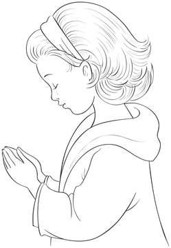 Cute Cartoon Little Girl praying with her hands folded vector coloring page