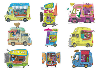 Obraz na płótnie Canvas Set of all kind of street food trucks. Street market places. Cartoon. Caricature.
